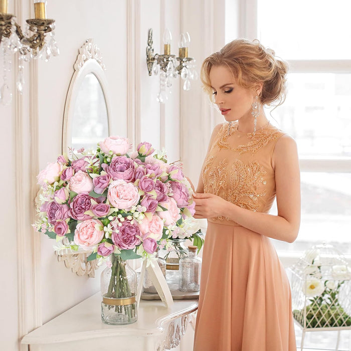 SOMYTING Peony Artificial Flowers, Faux Peony Bouquet 2 Bundles Silk Peonies Bouquets Fake Peonies Artificial Flowers Peonies Bouquet for Wedding Party Centerpiece Table Home Decor (Mixed Pink)