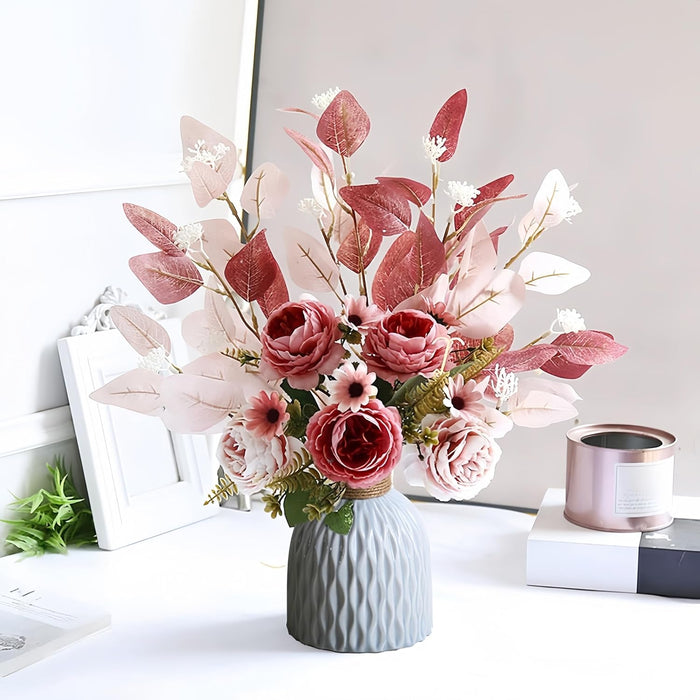 Ximoryn Artificial Flower Bouquet: 5 Faux Peonies with Eucalyptus Leaves (Fuchsia)