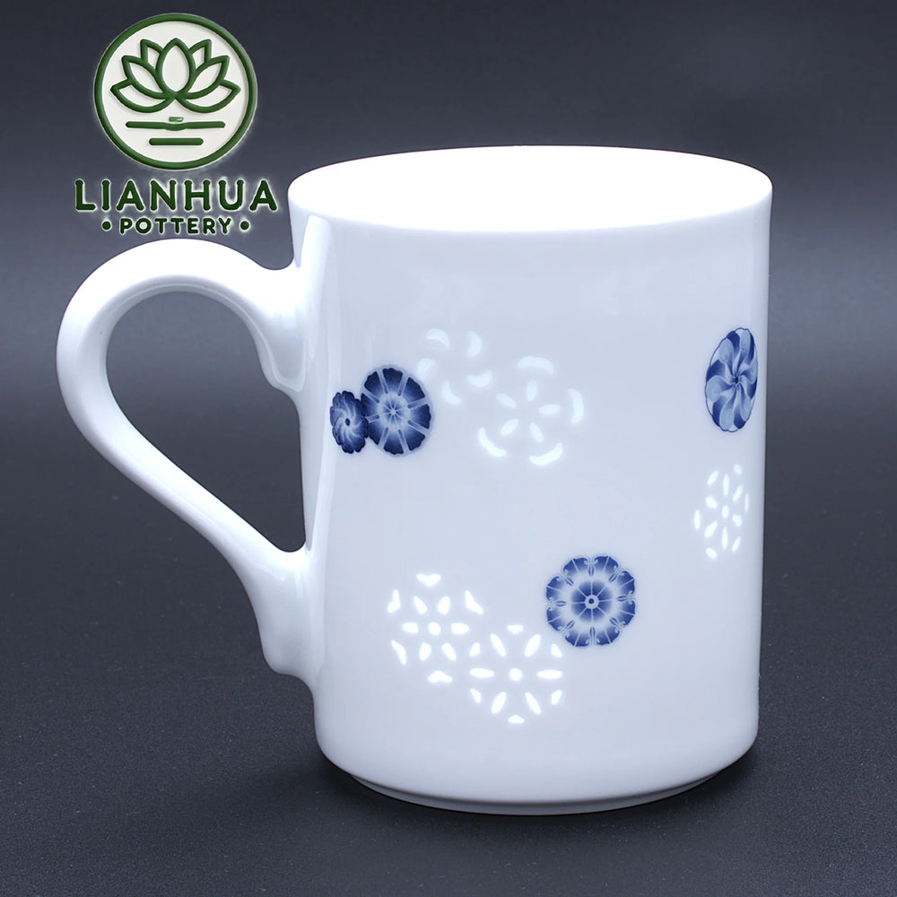 LIANHUA POTTERY Linglong Porcelain Mug 350ml Handcrafted Blue Floral Design Luxury Wedding Anniversary and Birthday Gift