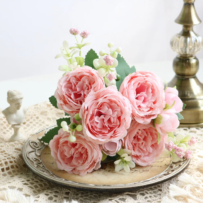 Artificial Rose Flowers 5 Heads White Peony Festival Decor Home Room Vase Wedding Arch Clipping Wreaths Garden Yard Fake Plants
