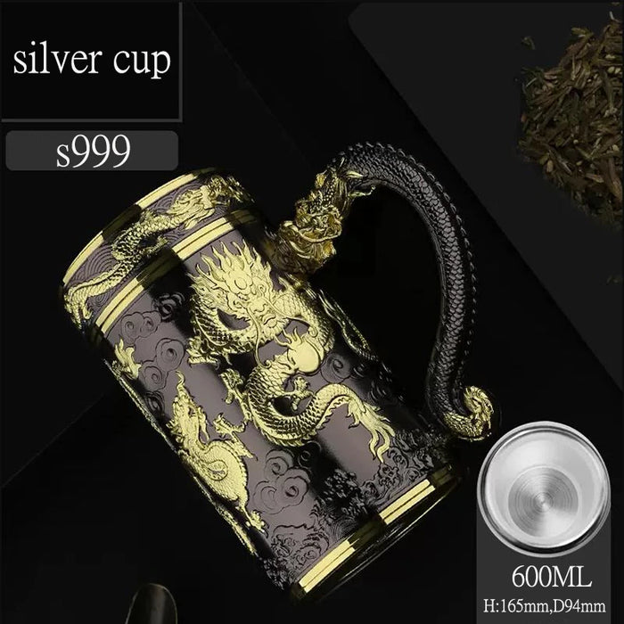 Tea pot insulated cup inner wall pure silver 99.9% 600ml insulated cup stainless steel handle office cup travel coffee cup