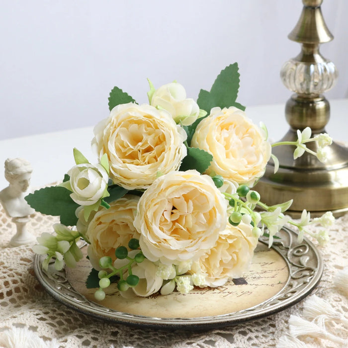Artificial Rose Flowers 5 Heads White Peony Festival Decor Home Room Vase Wedding Arch Clipping Wreaths Garden Yard Fake Plants