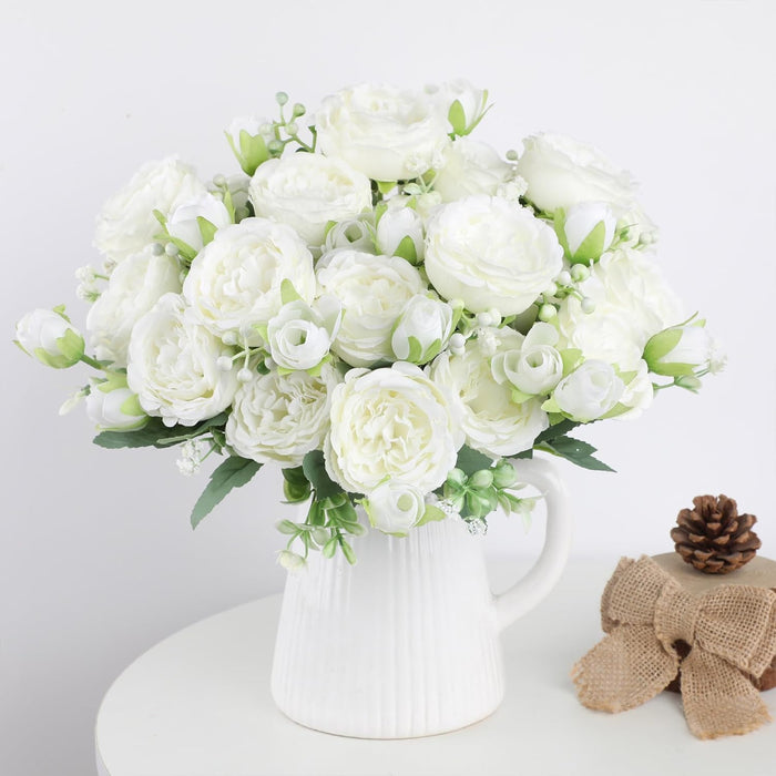 HNVNER 2 Bunches Artificial Peony Silk Flowers, White Faux Peonies Flower Bouquet for Wedding Party Centerpiece Home Decor