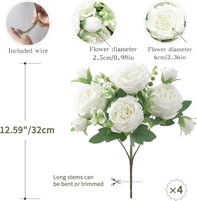 HNVNER 2 Bunches Artificial Peony Silk Flowers, White Faux Peonies Flower Bouquet for Wedding Party Centerpiece Home Decor