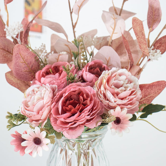 Ximoryn Artificial Flower Bouquet: 5 Faux Peonies with Eucalyptus Leaves (Fuchsia)