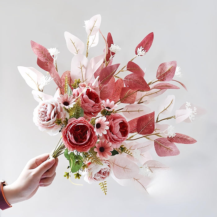 Ximoryn Artificial Flower Bouquet: 5 Faux Peonies with Eucalyptus Leaves (Fuchsia)