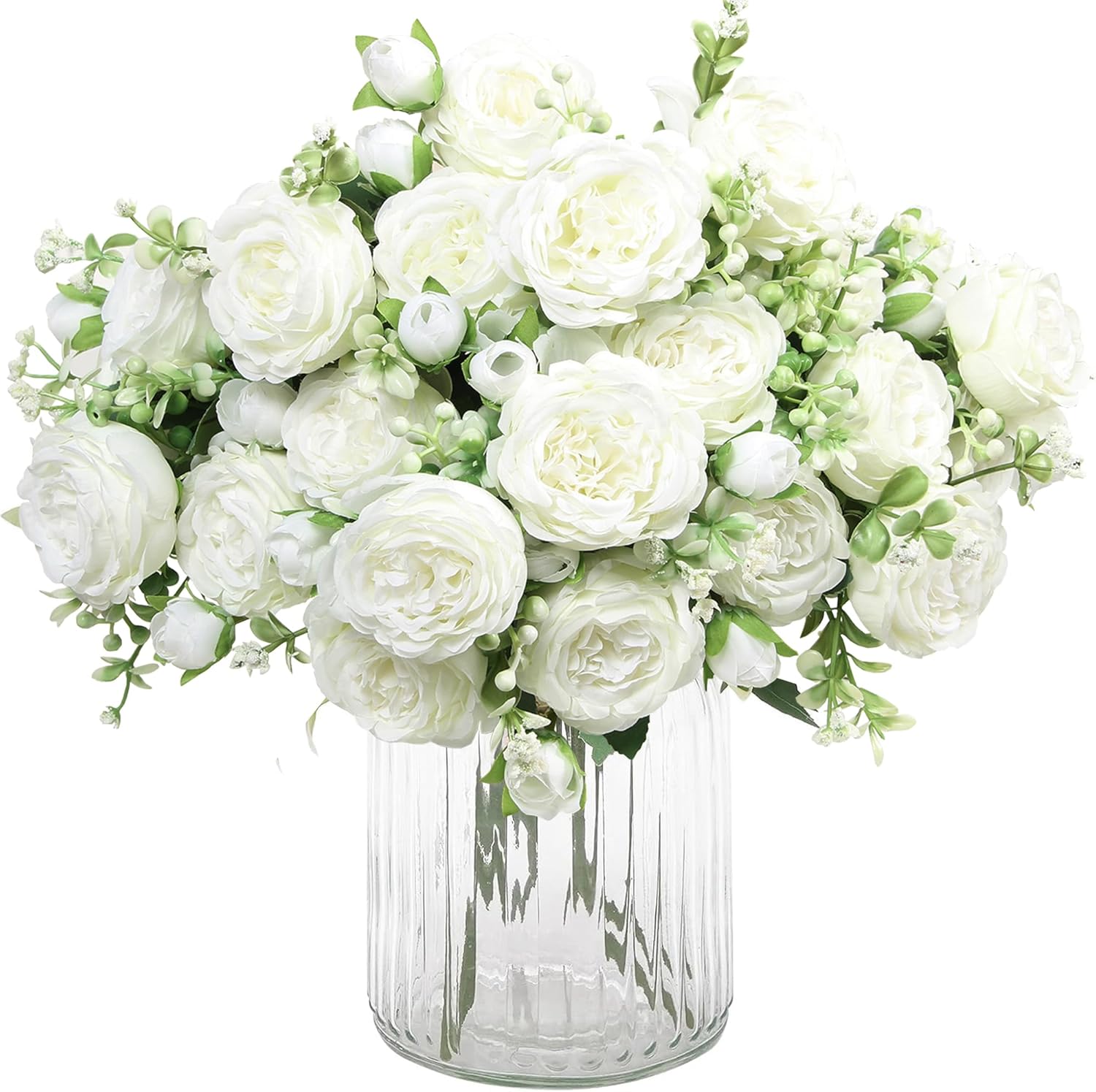 HNVNER 2 Bunches Artificial Peony Silk Flowers, White Faux Peonies Flower Bouquet for Wedding Party Centerpiece Home Decor