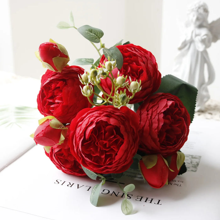 Hot Selling 1pcs/30cm Rose Pink Silk Bouquet Peony Artificial Flower 5 Big Head 4 Small Bud Bride Wedding Home Decoration Artifi