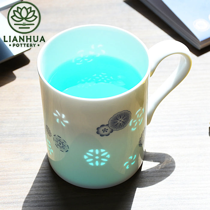 LIANHUA POTTERY Linglong Porcelain Mug 350ml Handcrafted Blue Floral Design Luxury Wedding Anniversary and Birthday Gift