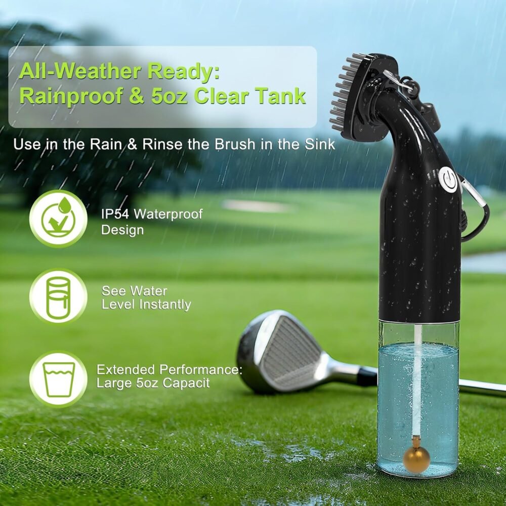 Electric Golf Club Cleaner Brush, AA Battery Powered – Magnetic Clip, 5oz Water Tank, Replaceable Brush Head